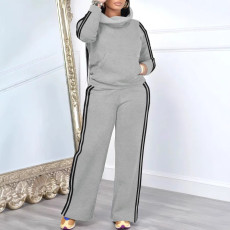 High Collar Stripe Hooded Sweatshirt Two Piece Pant Set NY-10952