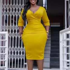 Plus Size V Neck 3/4 Sleeve Midi Dress GMLF-3217