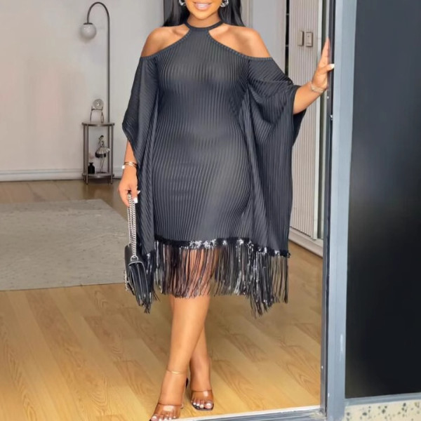 Plus Size Sequin Tassel Bat Sleeve Midi Dress NY-3335