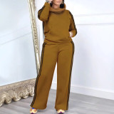 High Collar Stripe Hooded Sweatshirt Two Piece Pant Set NY-10952