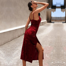 Sling Solid Color Velour Split Midi Dress GYSQ-CDBH2650