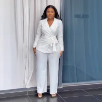 Plus Size Solid Color Tie Up Balter Pants Suit NY-10938