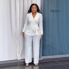 Plus Size Solid Color Tie Up Balter Pants Suit NY-10938