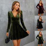 V Neck Velour Long Sleeve Mini Dress GYSQ-CDCG1120