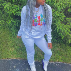 Plus Size Letter Colorful Print Hooded Two Piece Pants Set SFY-3305