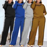High Collar Stripe Hooded Sweatshirt Two Piece Pant Set NY-10952