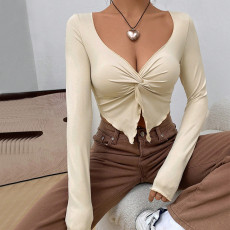 Slim V-neck Twisted Knit Top GYSQ-ZTDJ2450
