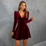 V Neck Velour Long Sleeve Mini Dress GYSQ-CDCG1120