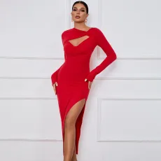 Solid Color Long Sleeve High Split Long Dress GYSQ-WDCG2620