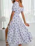 Square Neck Floral Drawstring Split Long Dress GYSQ-XDEC1410