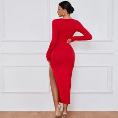 Solid Color Long Sleeve High Split Long Dress GYSQ-WDCG2620