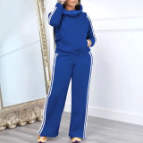 High Collar Stripe Hooded Sweatshirt Two Piece Pant Set NY-10952