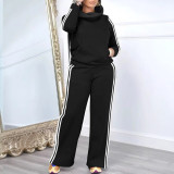 High Collar Stripe Hooded Sweatshirt Two Piece Pant Set NY-10952