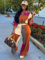 Color Block Long Sleeve Zipper Patchwork Pant Suit CH-24067