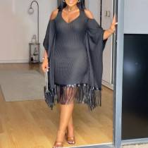 Plus Size Bat Sleeve Sequin Tassel Midi Dress NY-3333