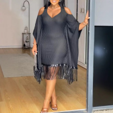 Plus Size Bat Sleeve Sequin Tassel Midi Dress NY-3333