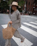 Stripe Lapel Long Sleeve Shirts Pants 2 Piece Set MIL-082
