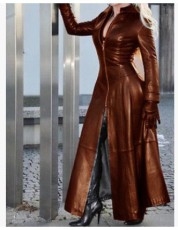 Plus Size Zipper Stand Neck Leather Long Coat GHKC-Q012