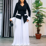 Plus Size Flare Sleeve Press Pleated Wide Leg Pants Suit GATE-553