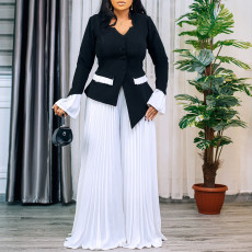 Plus Size Flare Sleeve Press Pleated Wide Leg Pants Suit GATE-553