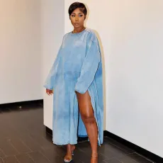 Plus Size Long Sleeve Split Denim Long Dress GAKF-41104