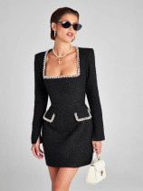 U-neck Long Sleeve Diamond-studded Mini Dress OD-8722