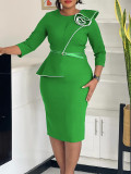 Plus Size Solid Color Long Sleeve Pencil Dress(With Belt) GATE-551