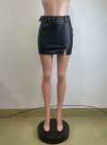 Sexy PU Leather Split Mini Skirt(With Belt) QODY-6053