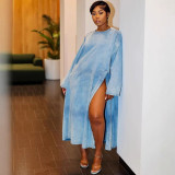 Plus Size Long Sleeve Split Denim Long Dress GAKF-41104