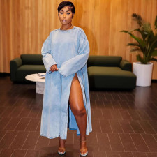Plus Size Long Sleeve Split Denim Long Dress GAKF-41104