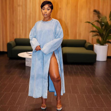 Plus Size Long Sleeve Split Denim Long Dress GAKF-41104