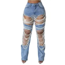 Fashion Hollow Out Beading Jeans XCFF-2024