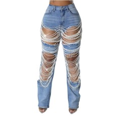 Fashion Hollow Out Beading Jeans XCFF-2024