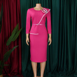 Plus Size Solid Color Long Sleeve Pencil Dress(With Belt) GATE-551