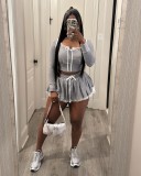 Pre Order: About 7 work days shipping Lace Patchwork Hooded Tops And Skirt Suit YUEM-500508