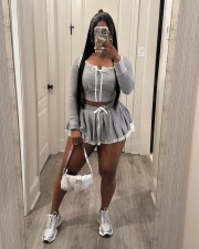 Pre Order: About 7 work days shipping Lace Patchwork Hooded Tops And Skirt Suit YUEM-500508