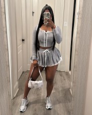 Pre Order: About 7 work days shipping Lace Patchwork Hooded Tops And Skirt Suit YUEM-500508