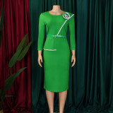 Plus Size Solid Color Long Sleeve Pencil Dress(With Belt) GATE-551