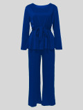 Long Sleeve Tie Up Pullover Wide Leg Pants Suit MIL-053