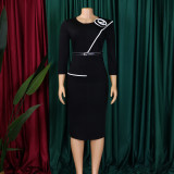 Plus Size Solid Color Long Sleeve Pencil Dress(With Belt) GATE-551