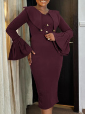 Plus Size Solid Color Flare Sleeve Midi Dress GCZF-8608