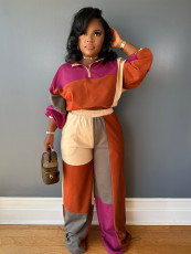 Color Block Long Sleeve Zipper Patchwork Pant Suit CH-24067