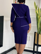 Plus Size Solid Color Long Sleeve Pencil Dress(With Belt) GATE-551