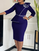 Plus Size Solid Color Long Sleeve Pencil Dress(With Belt) GATE-551