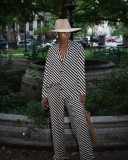 Stripe Lapel Long Sleeve Shirts Pants 2 Piece Set MIL-082