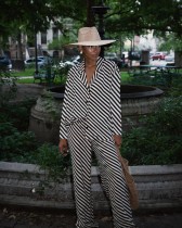 Stripe Lapel Long Sleeve Shirts Pants 2 Piece Set MIL-082