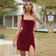 Sling Solid Color Velour Mini Dress GYSQ-CDBE1210