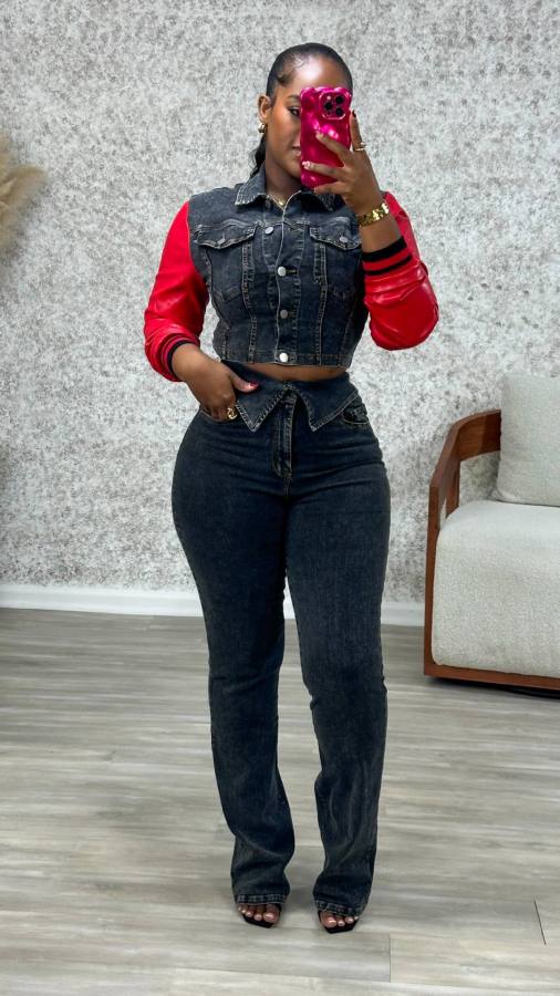 Fashion Denim Patchwork Leather Sleeve Pants Suit MEM-88611