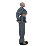 Casual Color Block Denim 2 Piece Pants Set TR-1319
