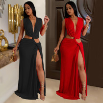 Deep V Neck Sleeveless Split Maxi Dress GFYX-7062